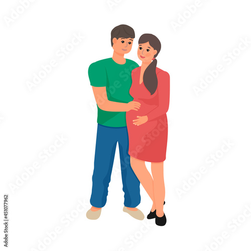 Happy man and pregnant woman isolated vector illustration. Couple expecting a baby. Wife and husbant, family concept.