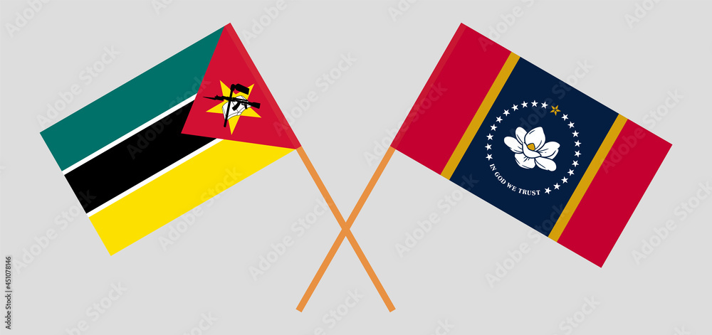 Crossed flags of Mozambique and the State of Mississippi. Official colors. Correct proportion Crossed flags of Mozambique and the State of Mississippi. Official colors. Correct proportion