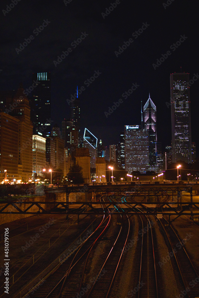 Late-night cityscape in Downtown Chicago, Illinois