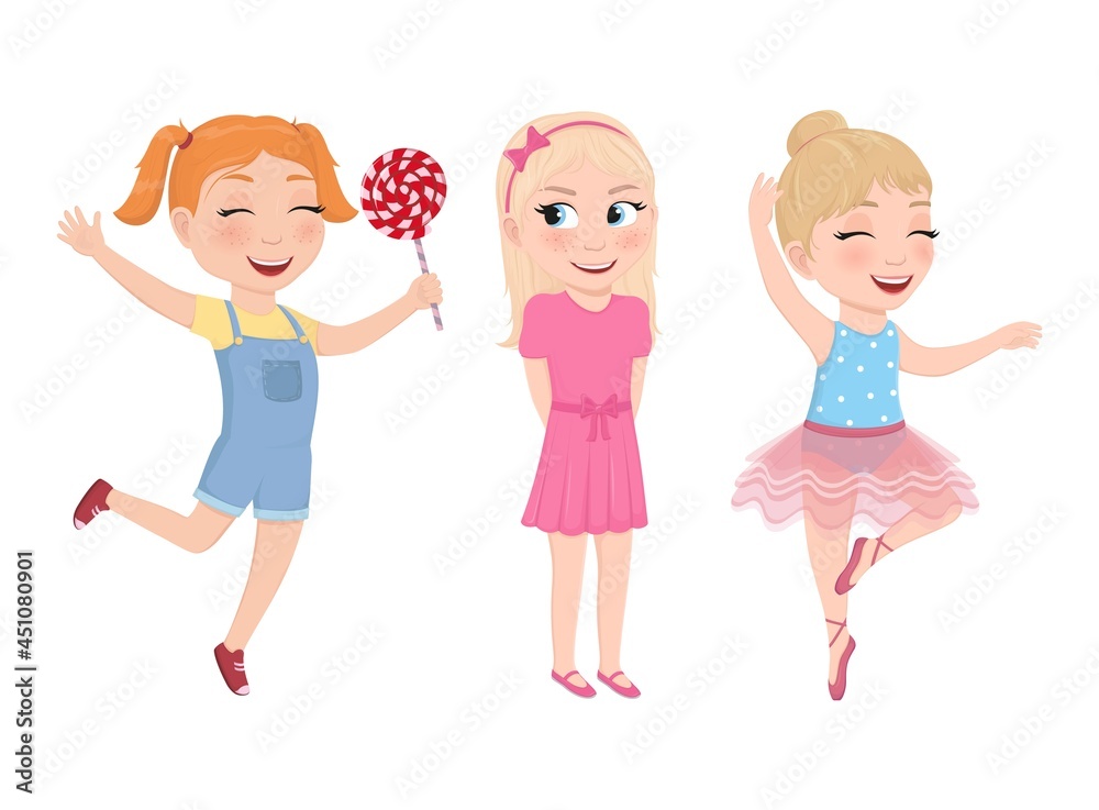 Set of happy children. Cheerful girls in different poses.Vector illustration Set of happy children. Cheerful girls in different poses.Vector illustration