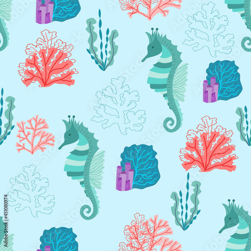 Marine vector seamless pattern with cartoon seahorses, algae and corals. Print for printing baby jersey