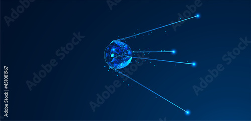 An abstract image of a satellite in the form of a starry sky or space consisting of points, lines and shapes in the form of planets, stars and the Universe. Vector illustration.