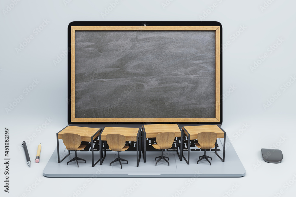 Abstract laptop blackboard screen classrom on light background. Online