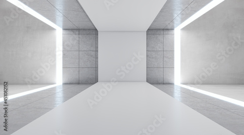 Modern white concrete interior with lights and mock up place runway. Fashion walk and exhibition concept. 3D Rendering.