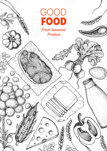 Good food illustration. Farmers market design elements. Hand drawn sketch. Various food frame. Organic food store concept.