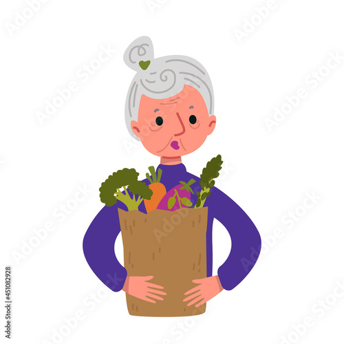 An old woman holds a package with groceries, fruits and vegetables in an eco-bag, pensioners healthy lifestyle and the elderly vector. Shopping for ecological products. Cartoon character portrait