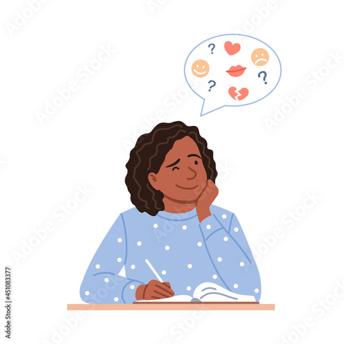 Happy black teenage girl writes diary calendar concept. Flat thinking African woman isolated portrait with pen in hand fond of creative drawing or makes notes in organizer, Cartoon vector illustration
