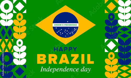 Brazil Independence Day. Happy national holiday. Freedom day. Celebrate annual in September 7. Brazil flag. Patriotic brazilian design. Poster, card, banner, template, background. Vector illustration