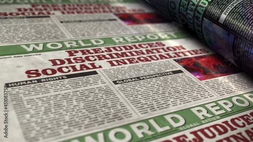 Prejudices, discrimination, social inequalities and bias global crisis daily newspaper report roll printing. Abstract concept 3d rendering seamless looped animation.