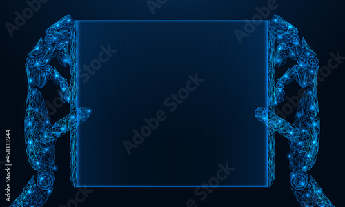 An electronic frame in the hands of a mechanical robot. Polygonal construction of lines and points. Blue background.
