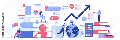 Business process concept. Successful career in international company, professional growth and development. Increase in profits, business analytics. Vector character illustration for banner design