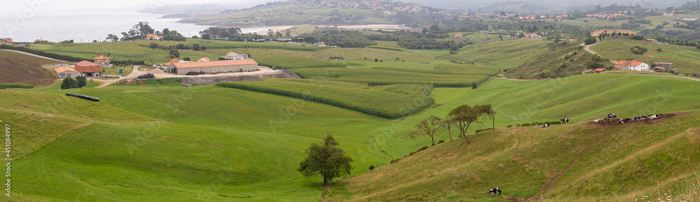 Vistas de paisaje panorámico verde desde un sendero en Oyambre, con el mar y nubes al fondo, Cantabria, España, verano de 2020