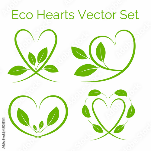 A set of green heart with leaves, eco symbol, isolated on white background. Vector icon