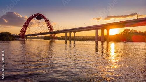 Zhivopisny bridge over the Moscow river on sunset. This cable-stayed bridge is the highest bridge of this type in Europe.