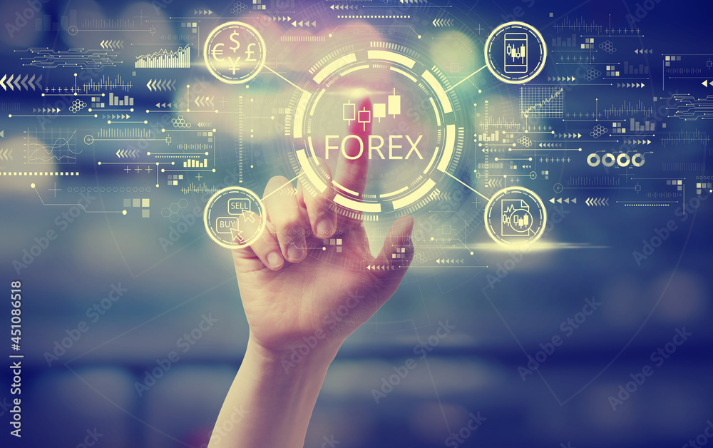 Obraz premium Forex trading concept with a hand pressing a button