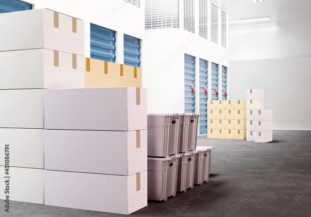 Storage container with boxes. Storage unit facility. 3d image Storage container with boxes. Storage unit facility. 3d image