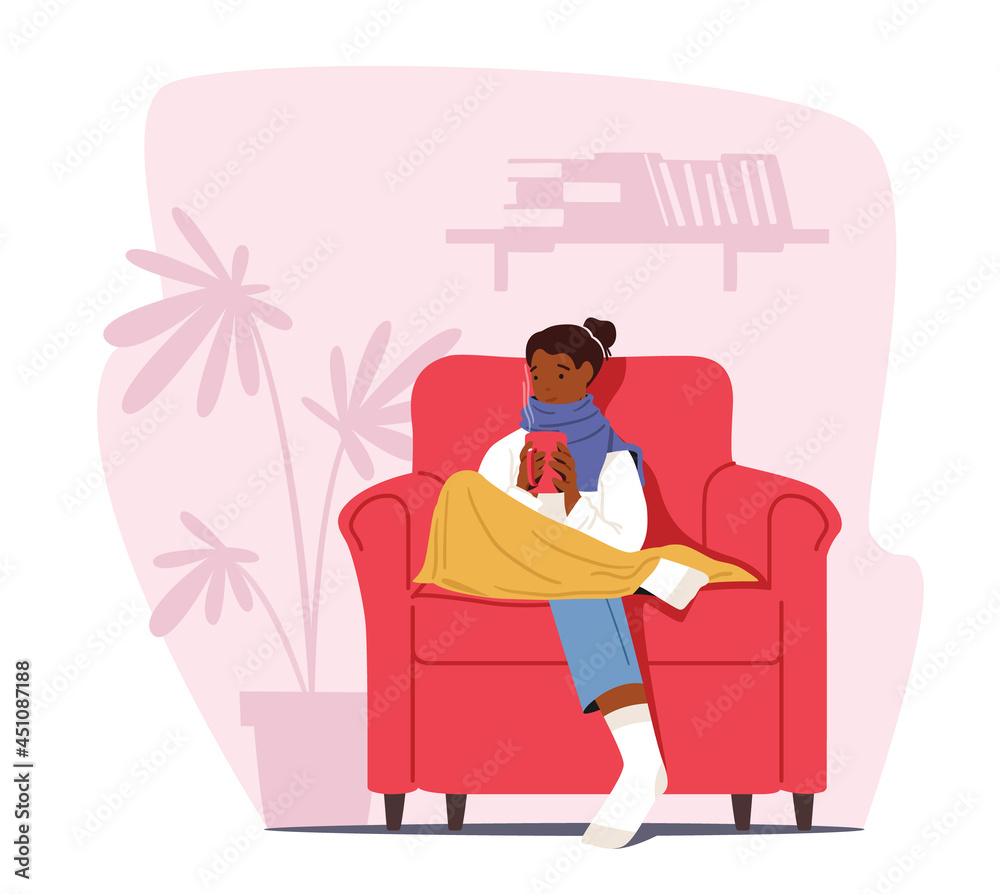 Cold at Home Concept. Freezing Female Character Wrapped in Warm Plaid and Winter Clothes Sit in Armchair with Hot Drink