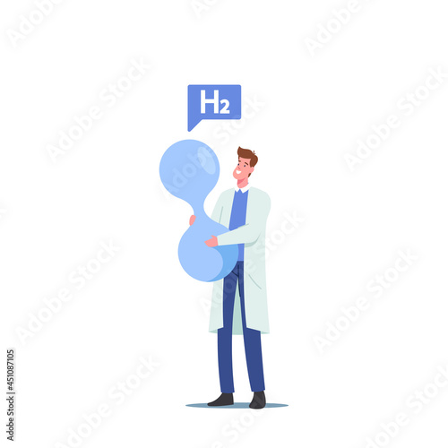 Tiny Scientist Male Character Holding Huge H2 Molecule, Hydrogen Fuel Producing in Chemical Laboratory, Fuel of Future