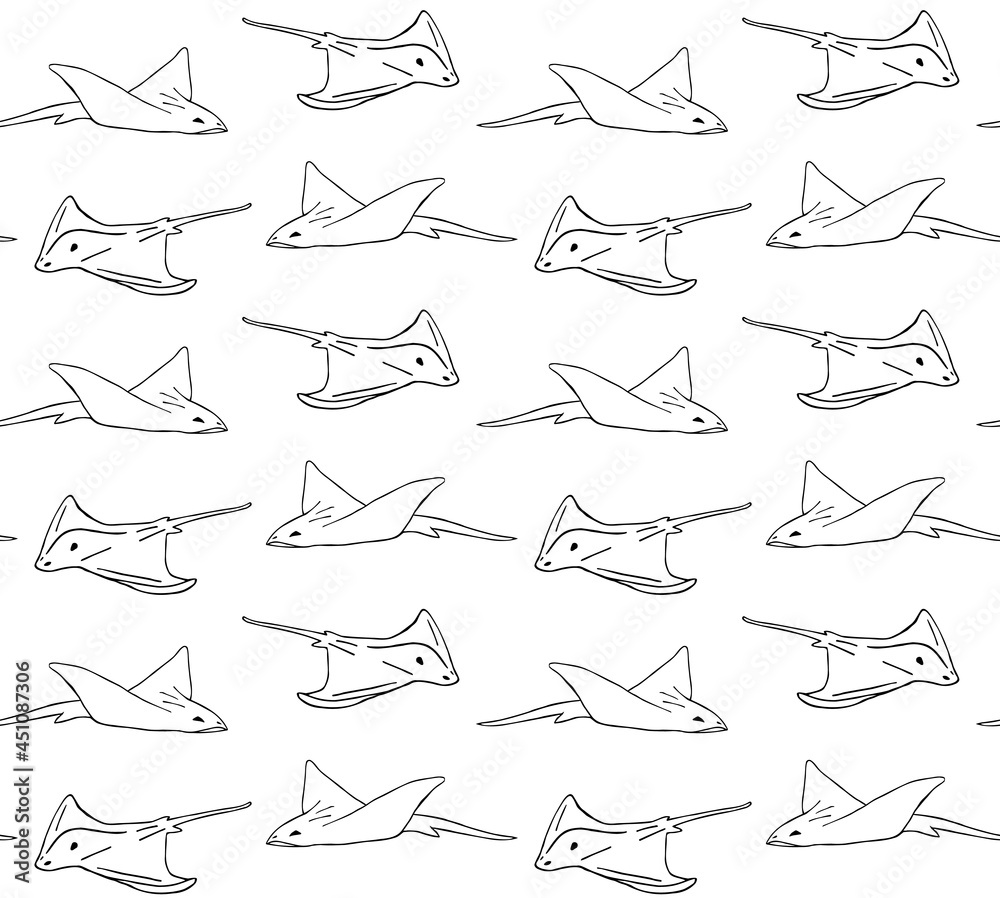 Vector seamless pattern of hand drawn doodle sketch skate fish devil fish isolated on white background