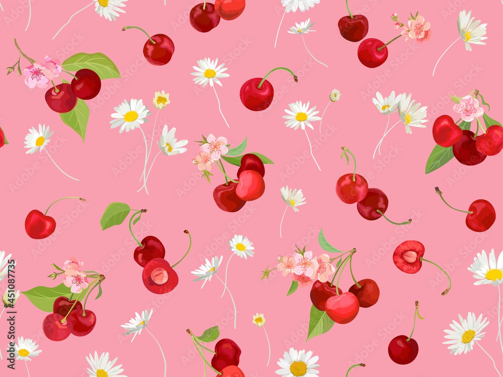 Seamless cherry pattern with summer berries, fruits, leaves, flowers background Seamless cherry pattern with summer berries, fruits, leaves, flowers background