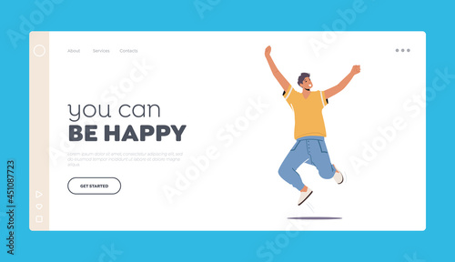 Happy Boy Jump with Raised Arms Landing Page Template. Man Feeling Positive Emotions, Rejoice, Victory or Success