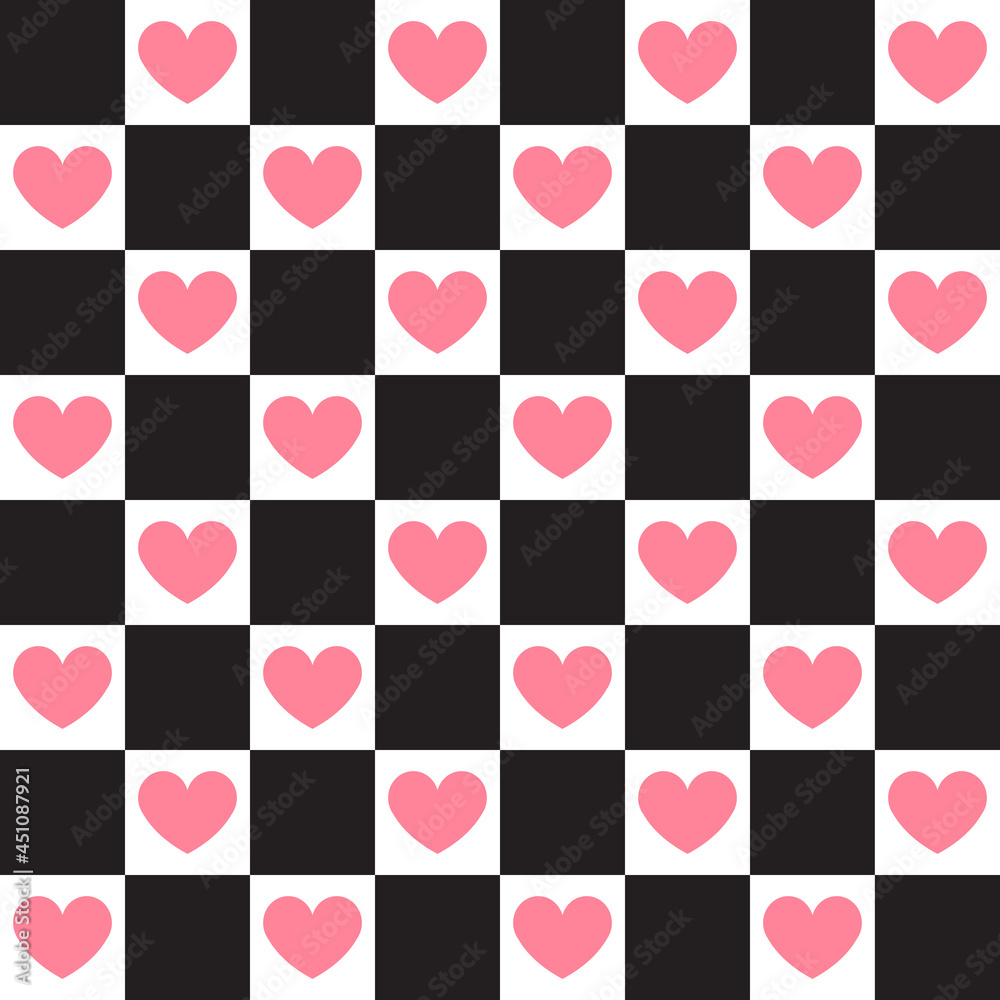 Vector seamless pattern of chess board checkered texture and hearts isolated on white background Vector seamless pattern of chess board checkered texture and hearts isolated on white background