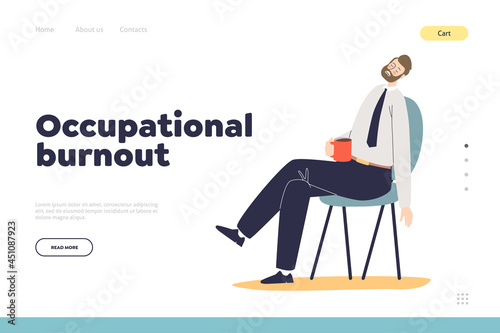 Occupational burnout concept of landing page with tired overworked office worker man sleep