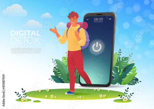Man walks out from smartphone screen with turning off sign pursues nature. Digital detox concept vector banner.