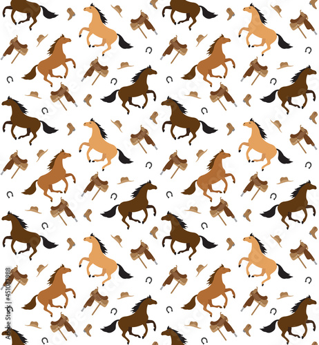 Vector seamless pattern of flat cartoon colored cowboy western horse isolated on white background