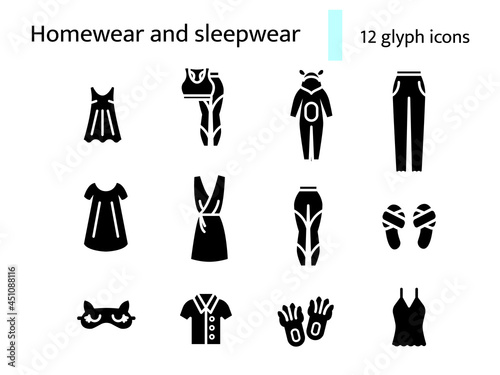 Cozy garment glyph icons set. Comfortable homewear and sleepwear. Isolated vector stock illustration