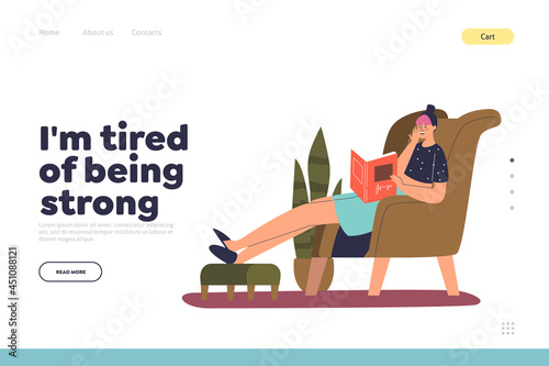 Tired of being strong concept of landing page with exhausted woman falling asleep reading book