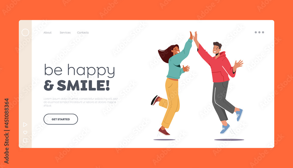 Be Happy and Smile Landing Page Template. Characters Agree, Celebrate Triumph. Man and Woman Feeling Positive Emotions