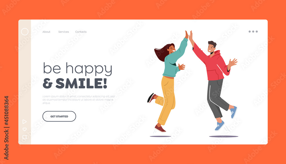 Be Happy and Smile Landing Page Template. Characters Agree, Celebrate Triumph. Man and Woman Feeling Positive Emotions Be Happy and Smile Landing Page Template. Characters Agree, Celebrate Triumph. Man and Woman Feeling Positive Emotions
