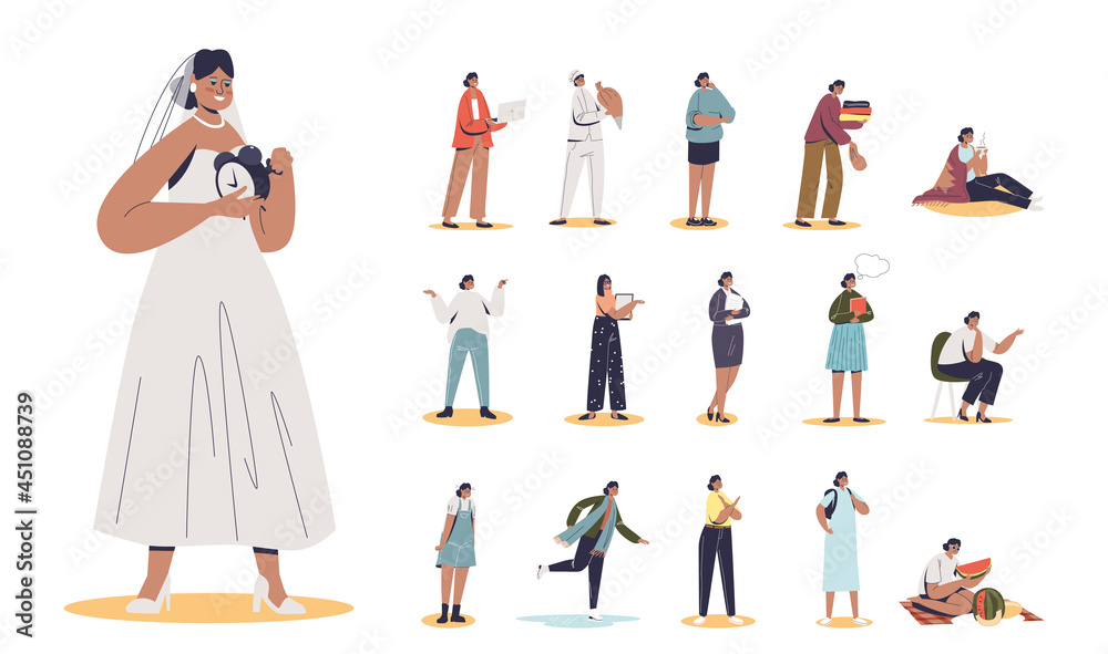 Set of cartoon young woman bride wearing wedding dress in different lifestyle situations and poses