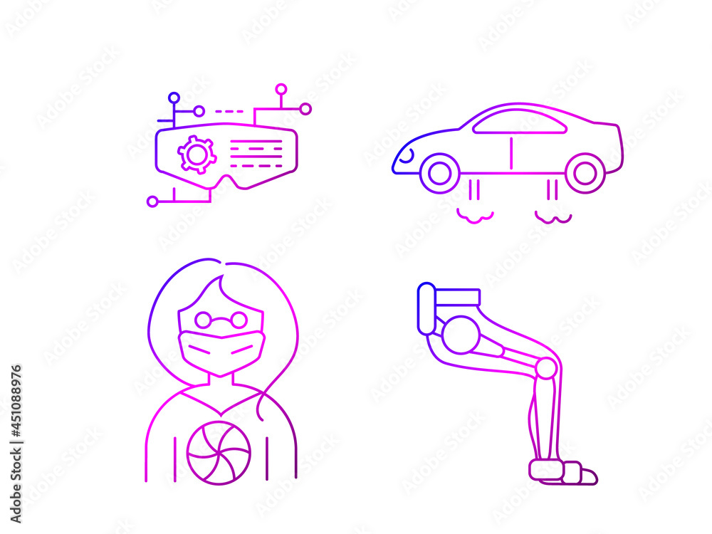 Cyberpunk outline icons set. Futuristic flying car. Exoskeleton leg. Virtual reality glasses Cyberpunk outline icons set. Futuristic flying car. Exoskeleton leg. Virtual reality glasses
