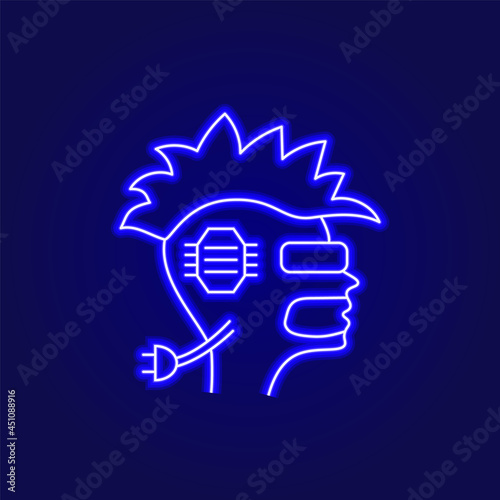 Cyberpunk skull with iroquois and glasses icon. Futuristic robot with mohawk. Exoskeleton and high tech technology