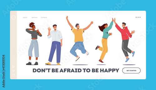 People Feeling Positive Emotions Landing Page Template. Joyful Characters in Good Mood Giving Highfive, Show Ok Gesture