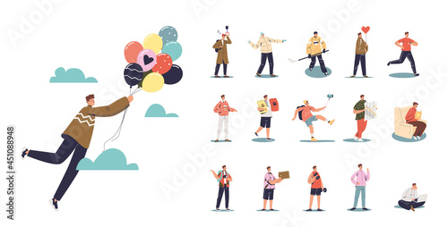 Set of cartoon young man fly holding air balloons in different situations and poses