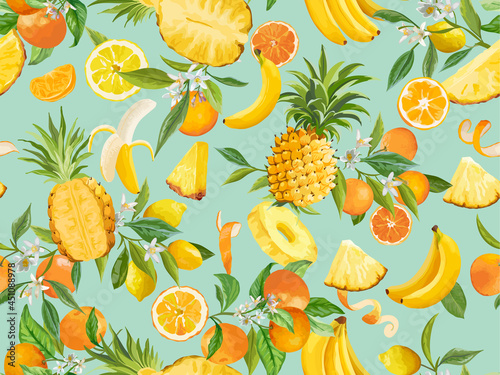 Seamless pineapple, banana, lemon, mandarin, orange pattern with summer fruits, leaves, flowers background