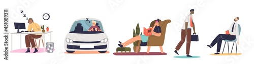 Tired frustrated people suffer burnout, sleep at workplace, driving car or reading book at home