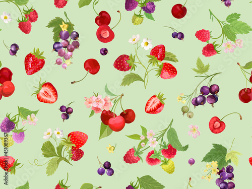 Watercolor cherry, strawberry, raspberry, black currant seamless pattern. Summer berries, fruits, leaves