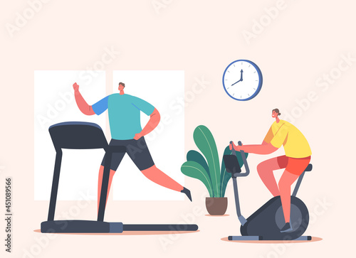 Woman and Man Characters Training in Gym on Exercise Bike and Treadmill. Sports Workout, Healthy People Doing Cardio