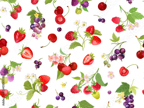 Watercolor cherry, strawberry, raspberry, black currant seamless pattern. Summer berries, fruits, leaves