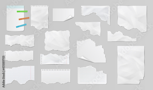 Different paper sheets, torn strips, memos and notes. Realistic paper scraps with torn edges