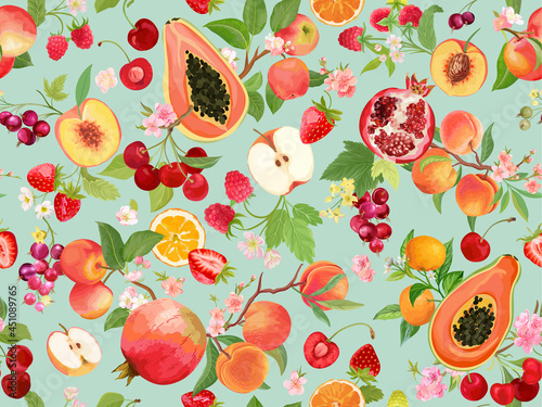 Tropical watercolor peach, strawberry, black currant, cherry, apple, mandarin, orange seamless background