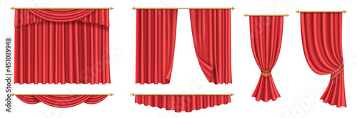 Red curtains. Set of realistic luxury curtain decor fabric for interior drapery textile for event