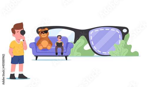 Lazy Eye Amblyopia, Strabismus Disease Concept. Tiny Kids Characters with Sight Disorder at Huge Eyeglasses