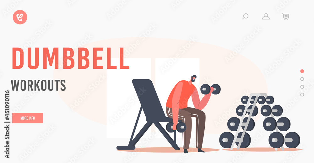 Dumbbells Workout Landing Page Template. Happy Man Training with Weight in Gym. Sportsman Powerlifter Sport Activity