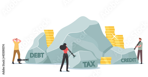 Taxation Heavy Burden, Tax Loan Payment Financial Concept. Business Characters Pull Huge Stones with Golden Coins around
