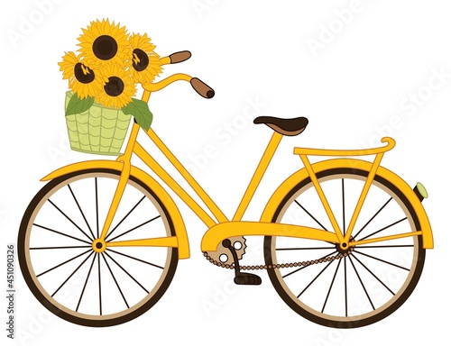 Yellow Bicycle with Basket of Sunflower Bouquet